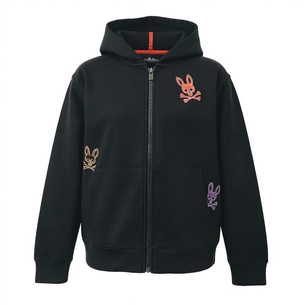 Psycho Bunny Black Multi Patch Zip Up Hoodie Youth XL 18 20 Kids Skull Crossbone
